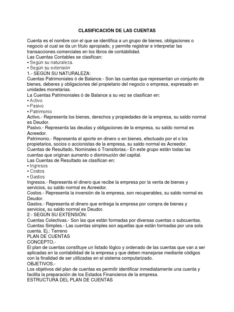 Clasificación y estructura de las cuentas contables | PDF ...
