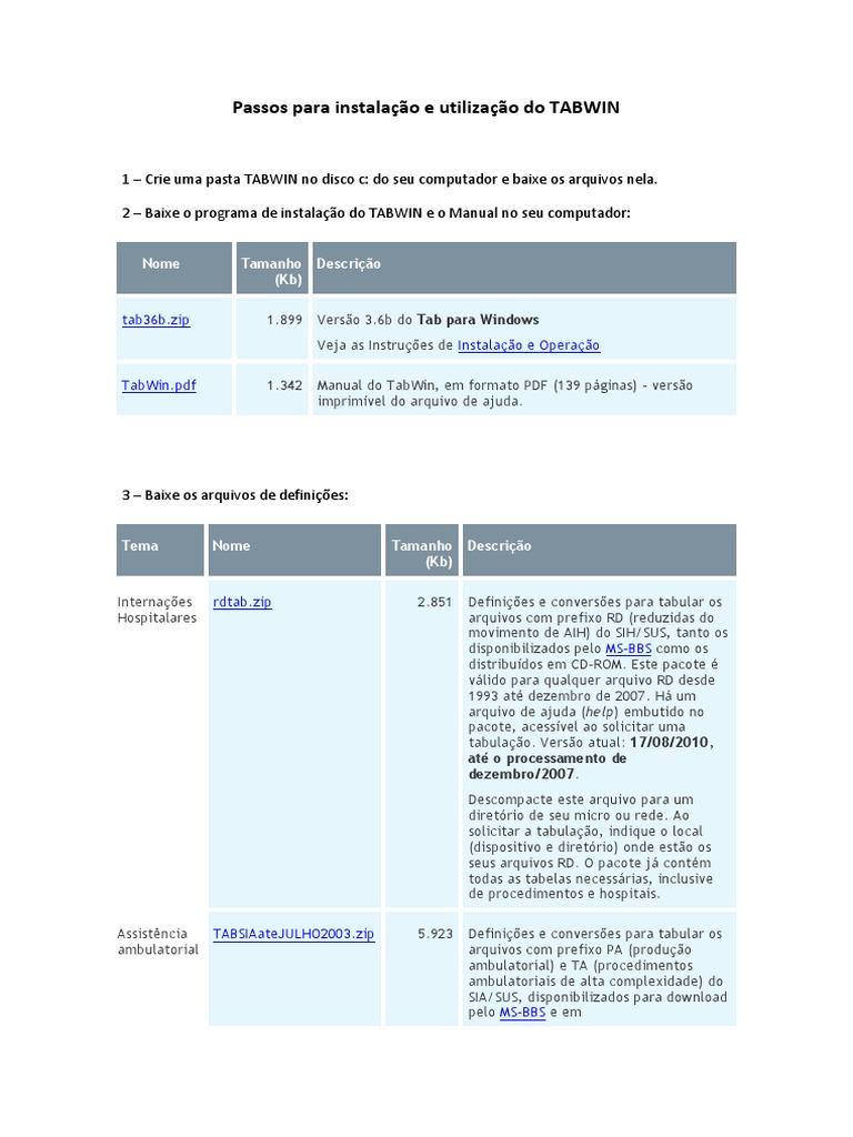 Passo a passo para instalar e usar o TABWIN para tabelar dados do SUS ...