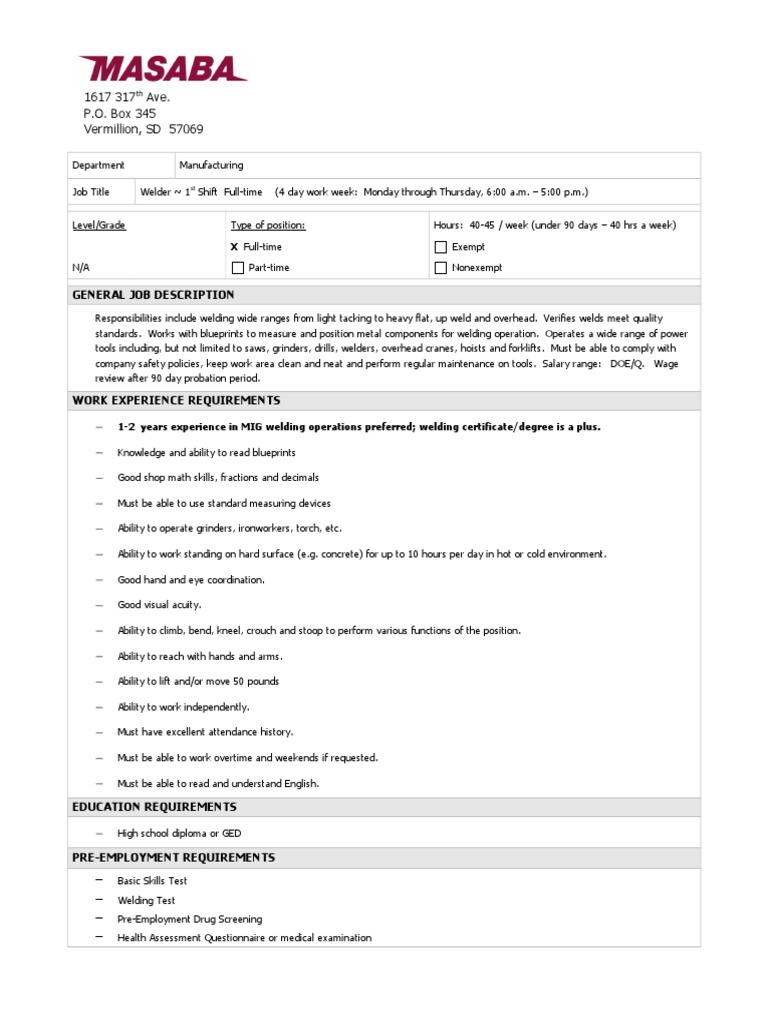 Job Description Welder Revised 3112013 PDF