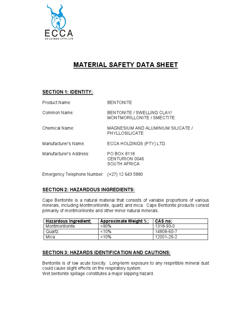 Bentonite Material Safety Data Sheet PDF PDF Dust Ventilation