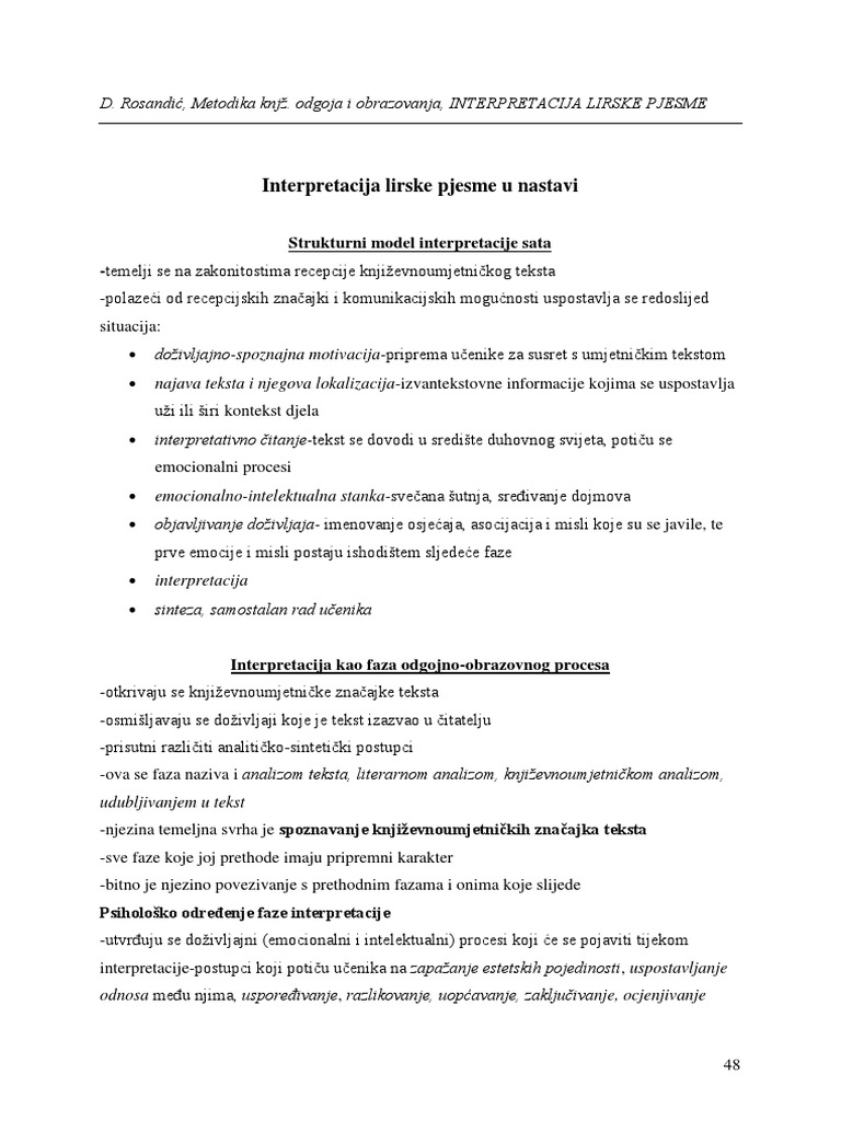 Interpretacija Lirske Pjesme U Nastavi