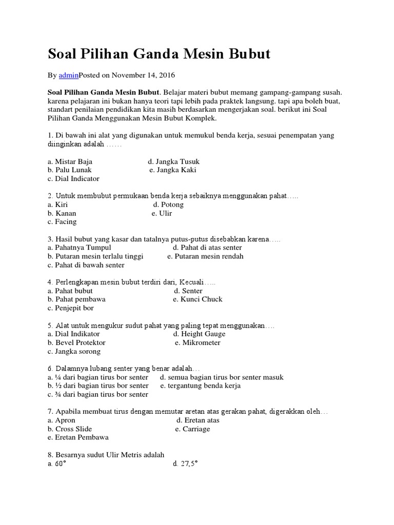 Soal Pilihan Ganda Mesin Bubut Docx