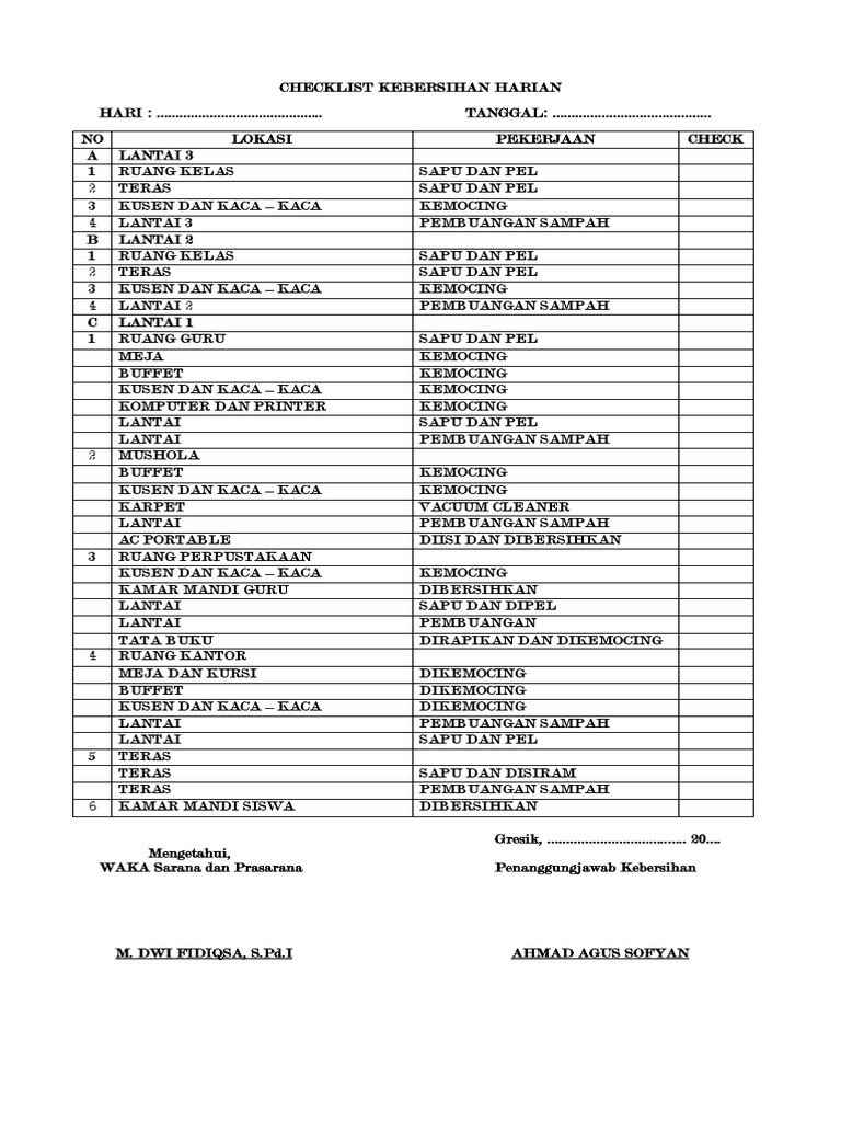 Checklist Kebersihan Harian