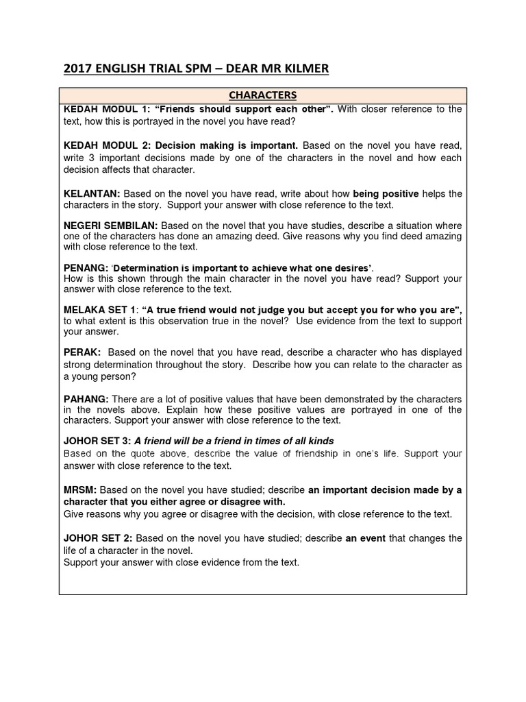 2017 SPM English Trial: Novel Analysis | PDF | Self-Improvement