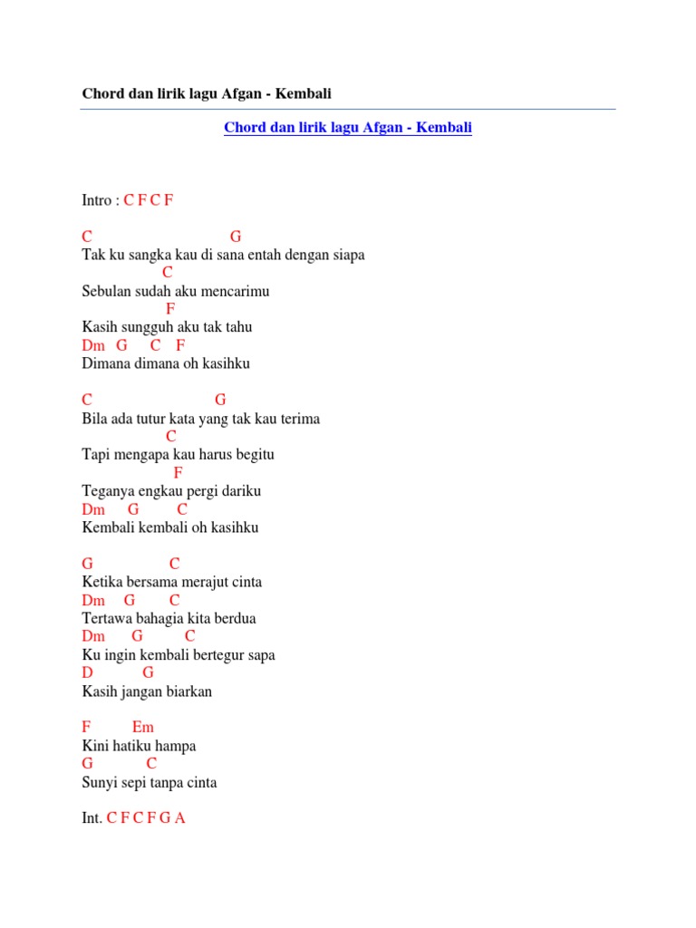 Chord Dan Lirik Lagu Afgan Kembali