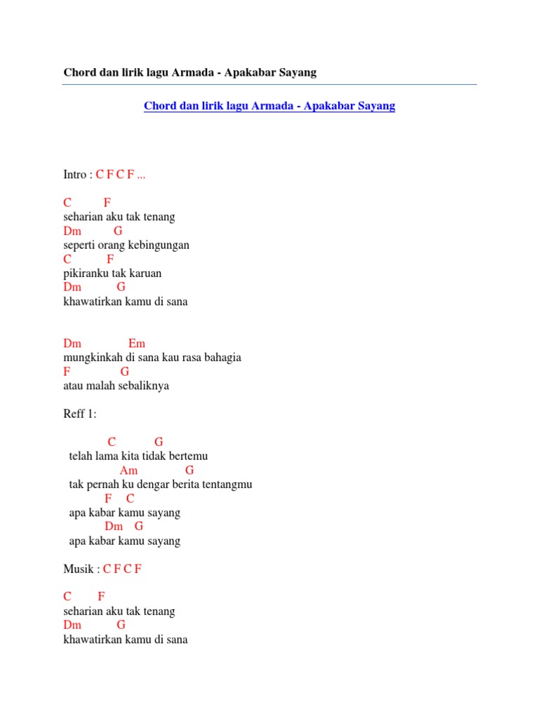 Chord Dan Lirik Lagu Armada Apakabar Sayang Pdf