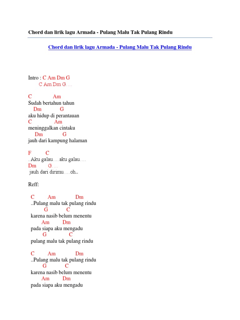 Chord Dan Lirik Lagu Armada Pulang Malu Tak Pulang Rindu