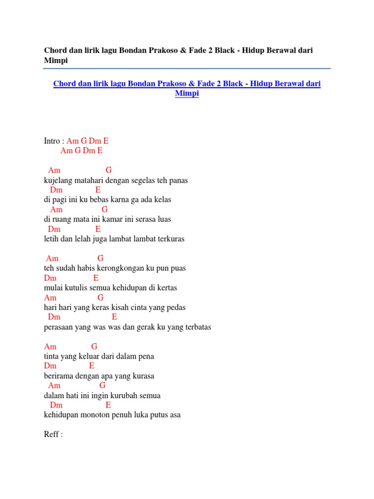 Chord Dan Lirik Lagu Bondan Prakoso & Fade 2 Black Hidup Berawal Dari