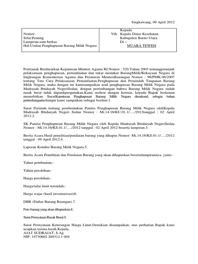 Contoh Surat Permohonan Penghapusan Barang