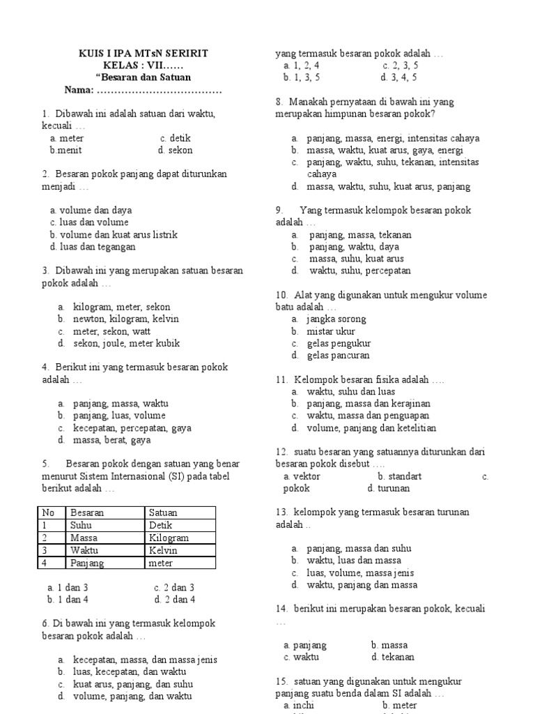 Soal Ipa Besaran Satuan Pdf