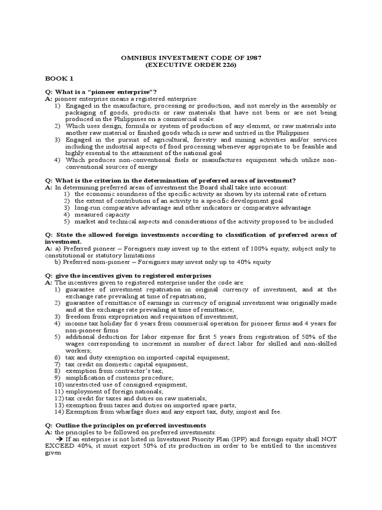 Omnibus Investment Code of 1987 PDF Loans Debt