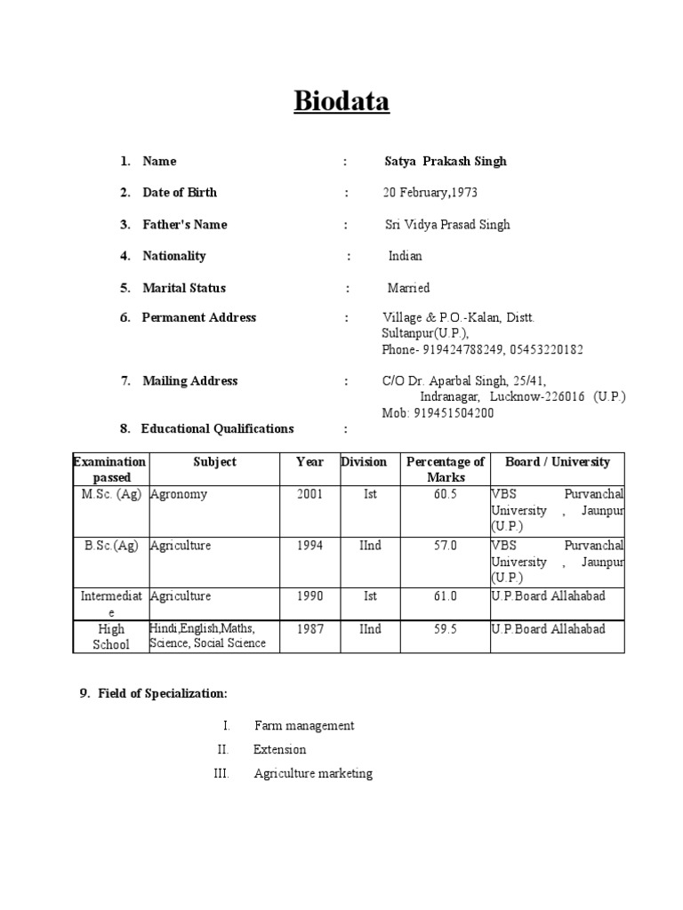 Biodata of Dr. Satya Prakash Singh | PDF | Agriculture | Farms