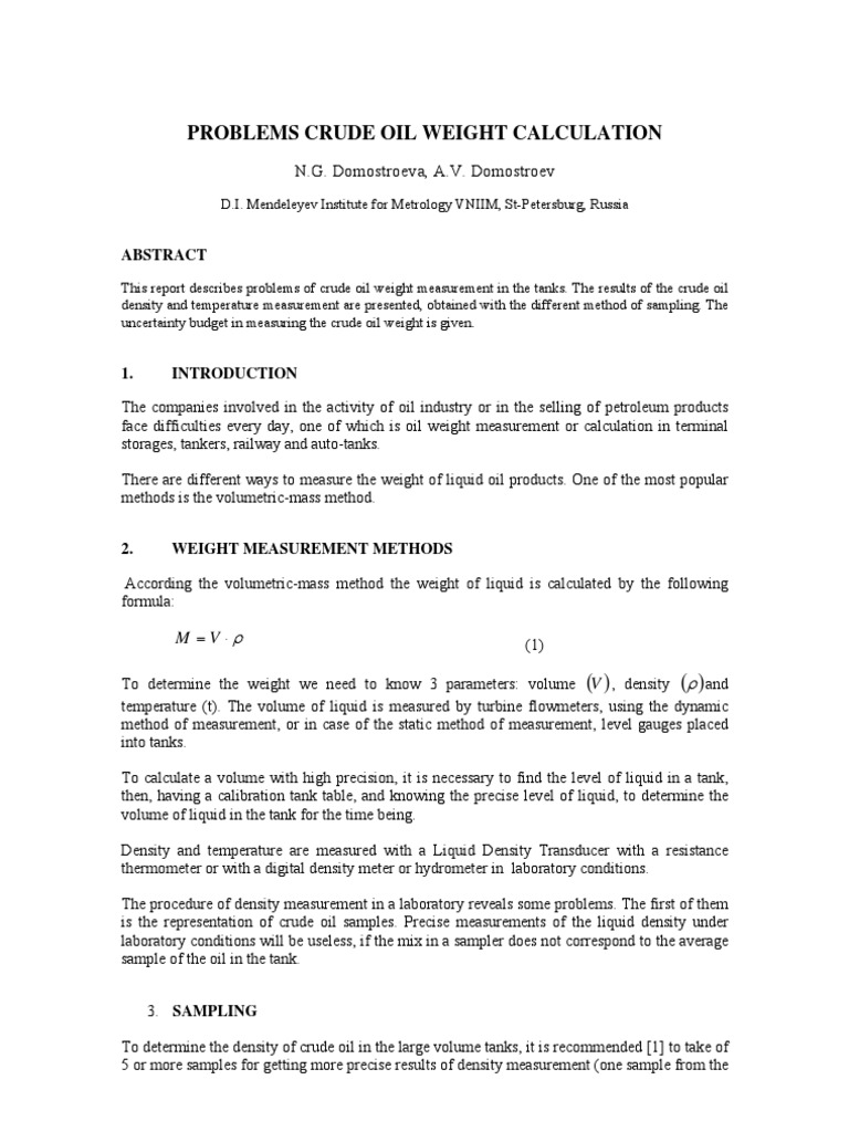 Accuracy in Crude Oil Weight Calculations Addressing Problems in