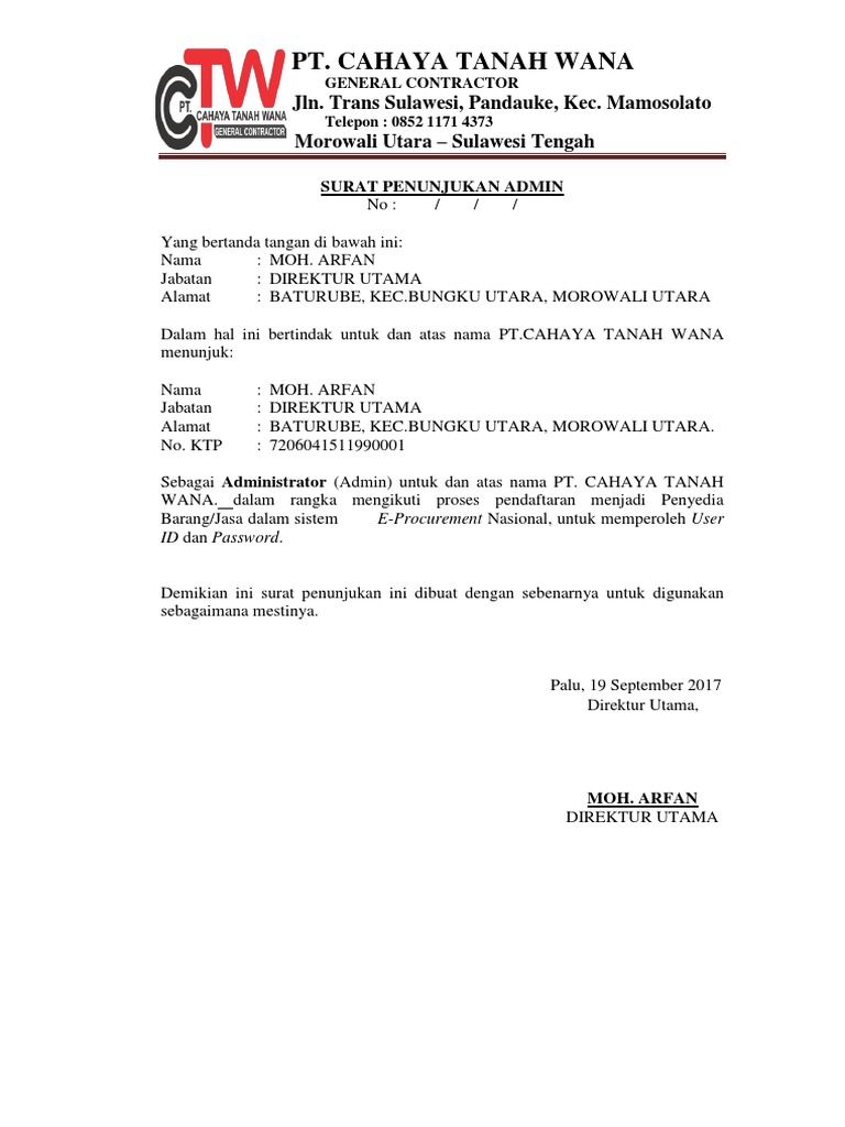 Surat Penunjukan Admin