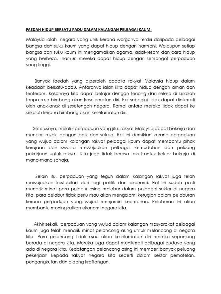 Faedah Hidup Bersatu Padu Dalam Kalangan Pelbagai Kaum