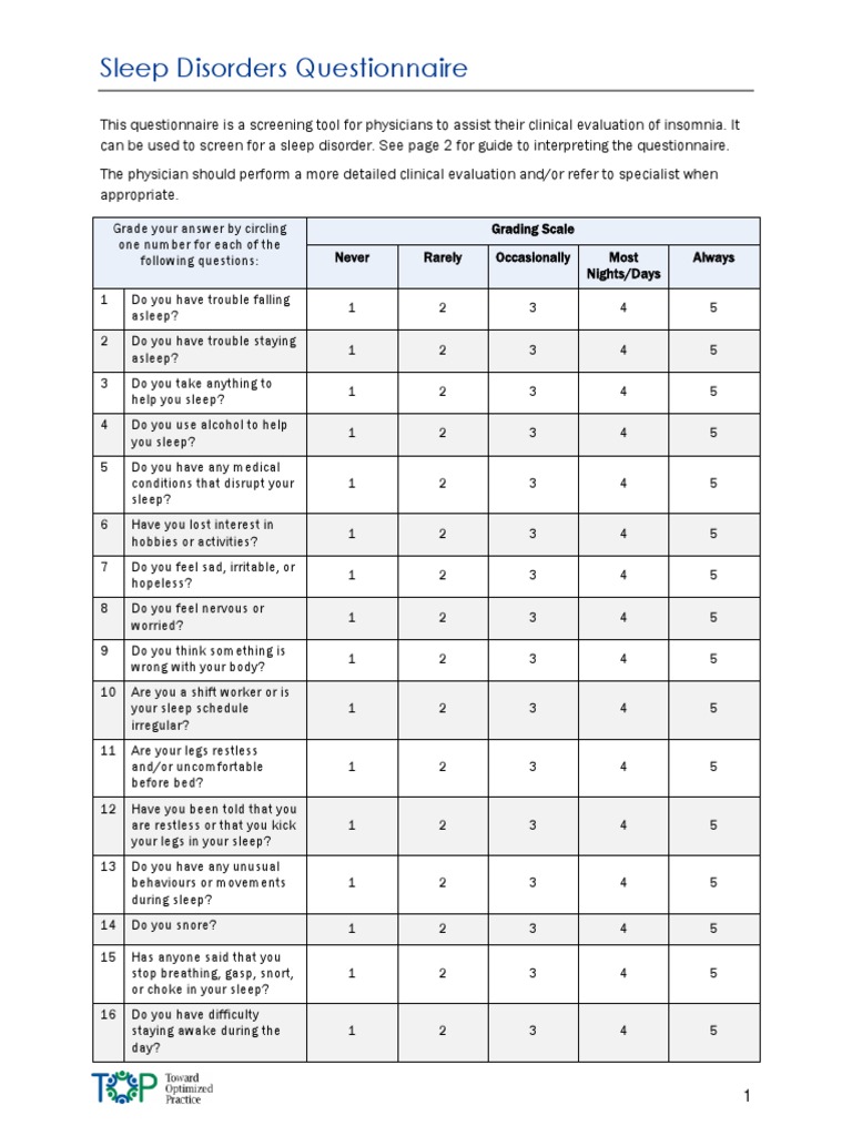 Sleep Disorders Screening Questionnaire | PDF | Insomnia | Sleep