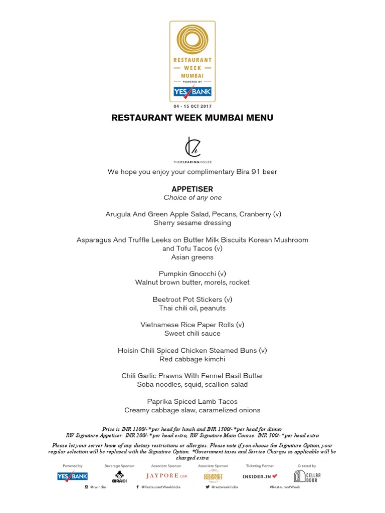 Restaurant Week Mumbai Menu | PDF | Hops | Beer