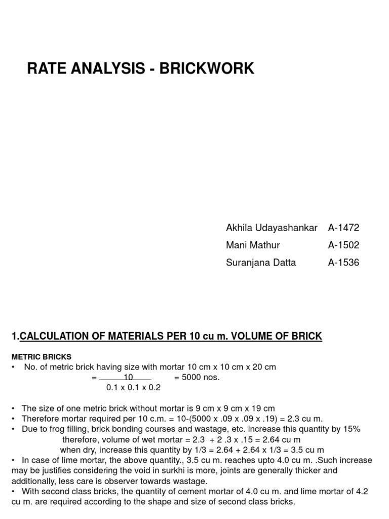 Brickwork Rate Analysis and Calculations | PDF | Mortar (Masonry) | Brick