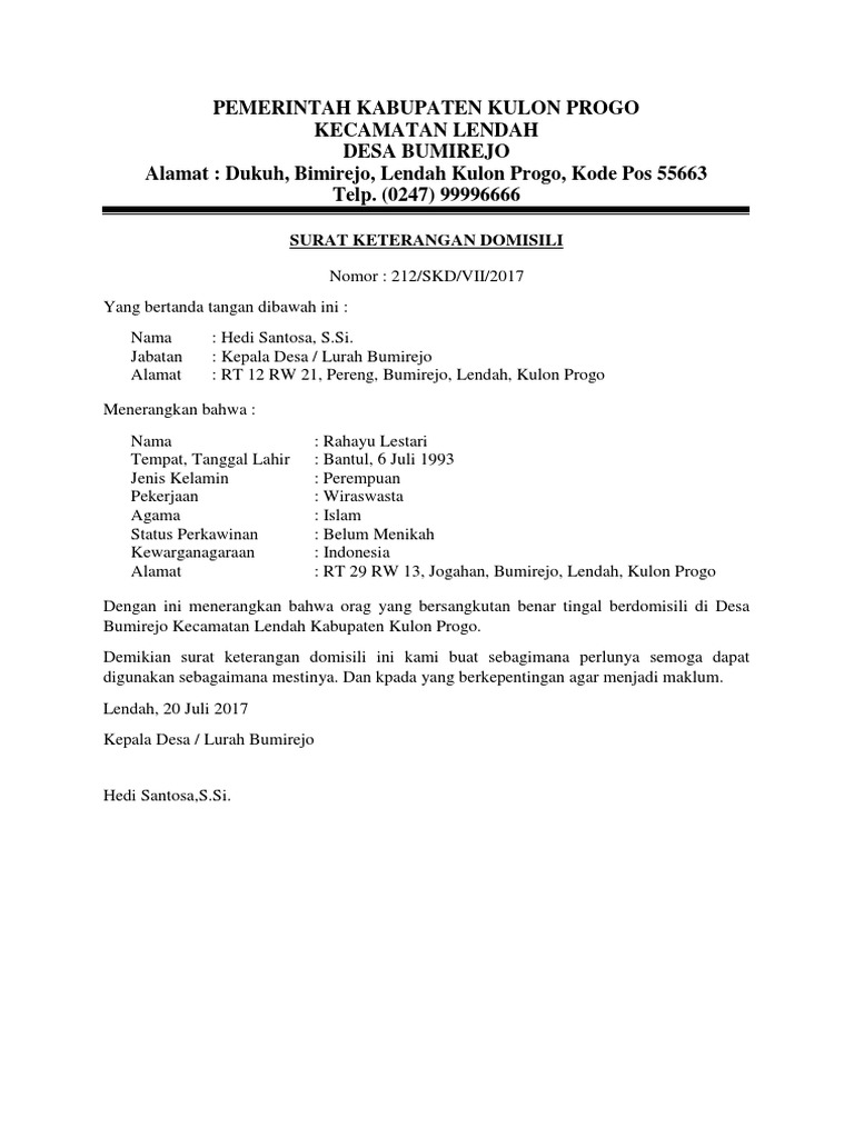 Contoh Surat Keterangan Domisili