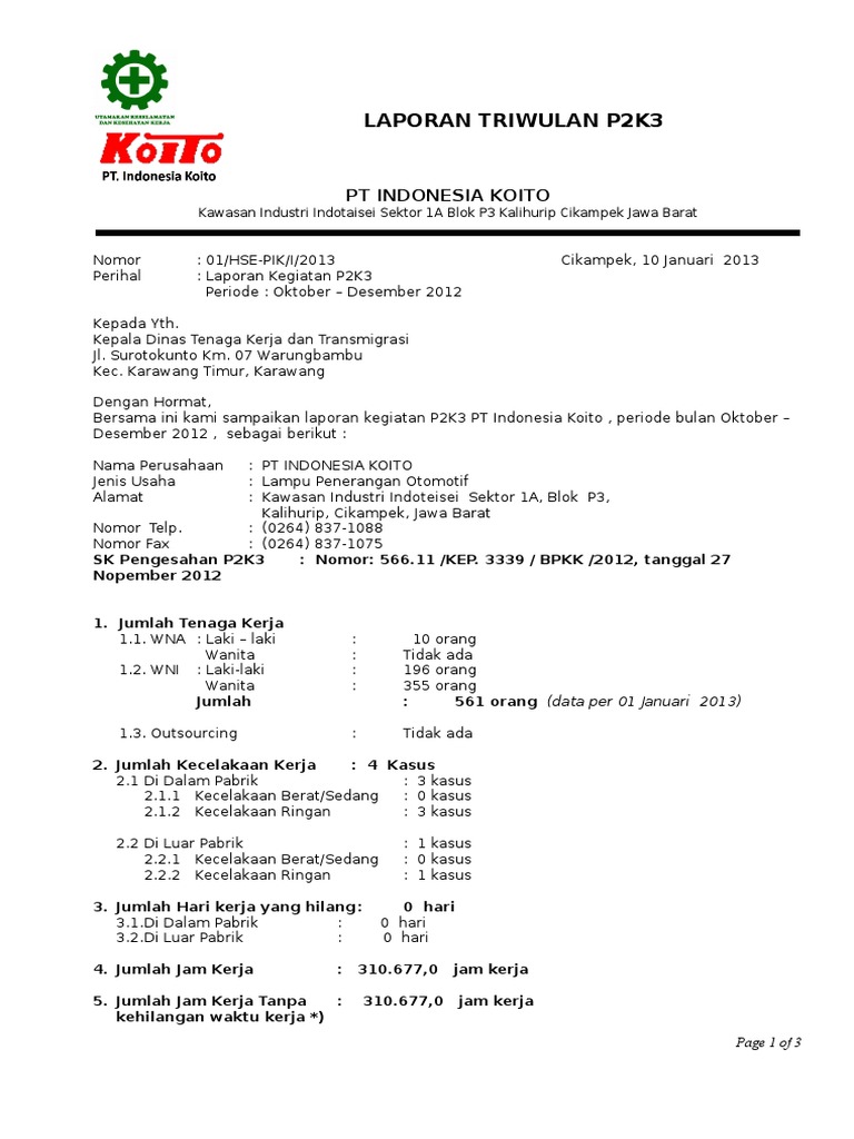 Contoh Laporan Triwulan p2k3