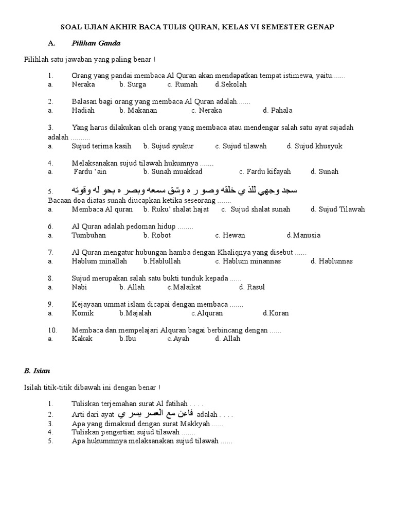 Soal Ujian Akhir Baca Tulis Quran Kelas Vi Semester Genap A
