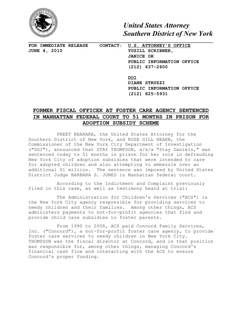 New York Adoption Subsidy Scheme DOJ Press Release PDF United