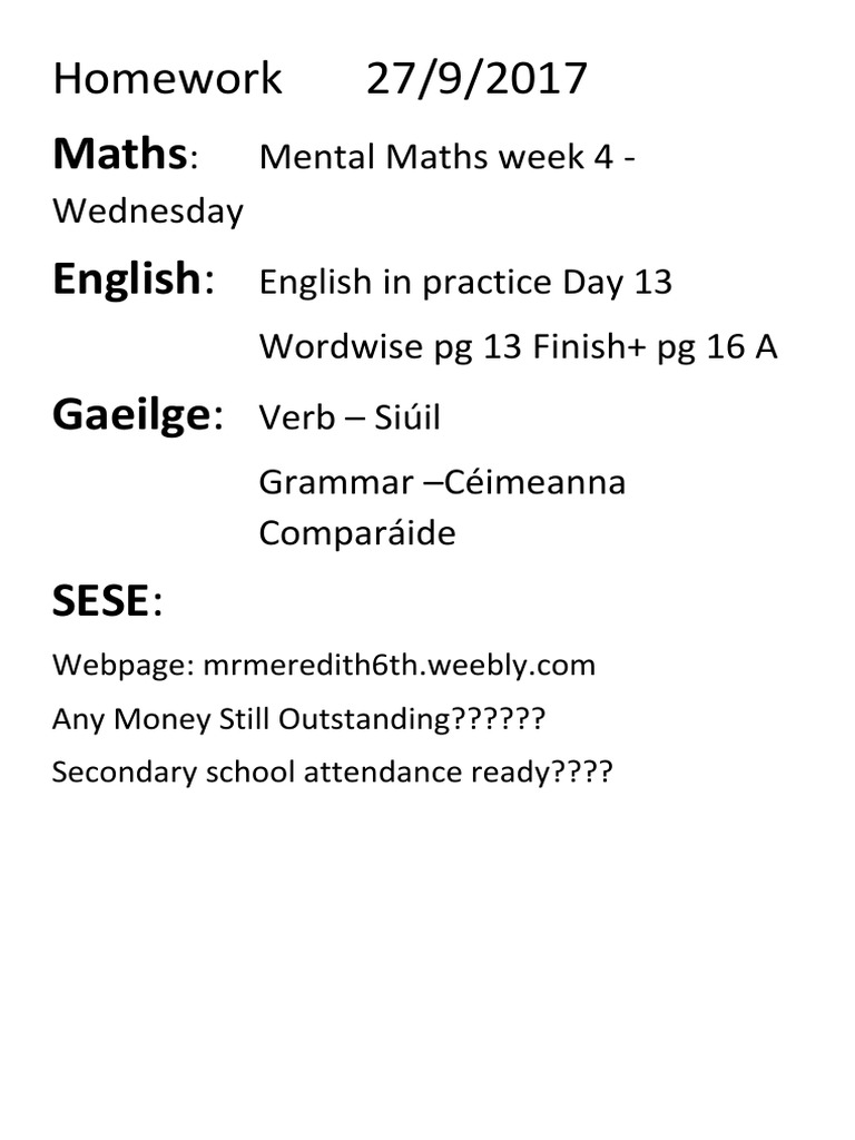 Maths English Gaeilge Homework 27/9/2017 PDF