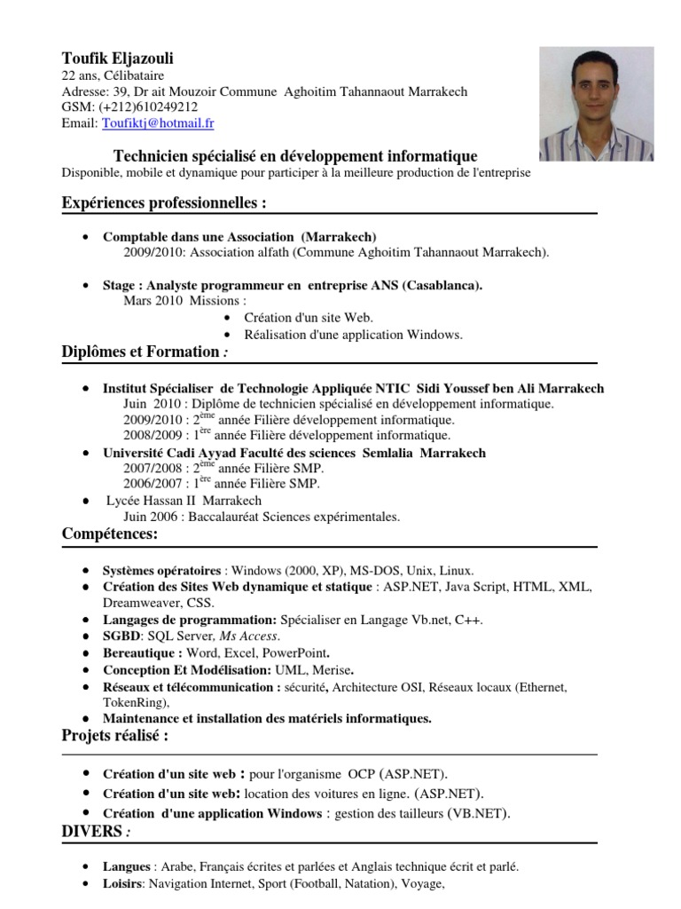 Exemple cv francais informatique - CV Anonyme