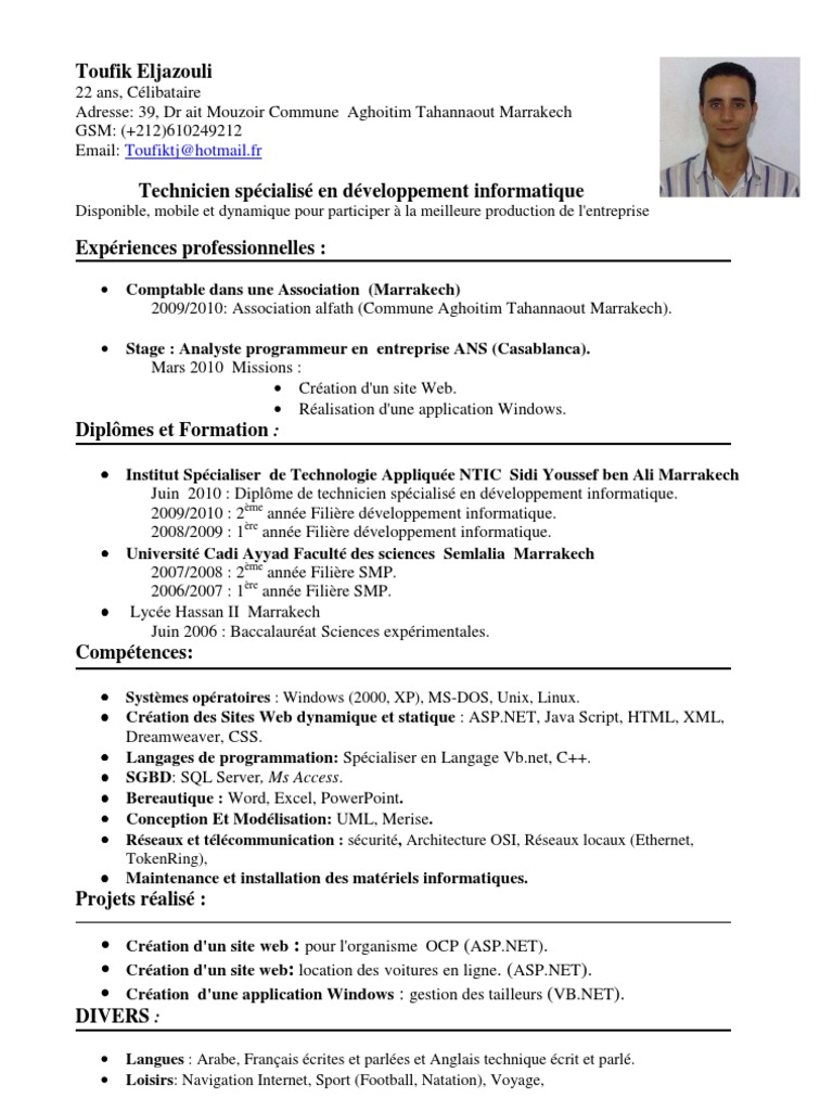 Cv Technicien En Developpement Informatique