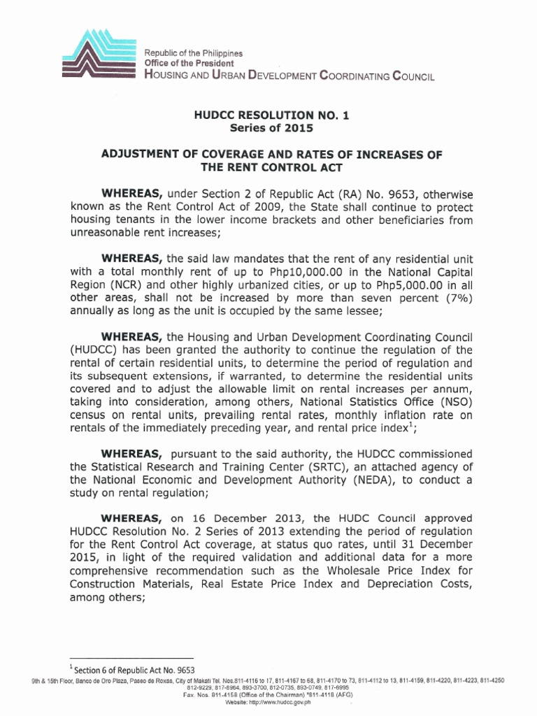 HUDCC Resolution No. 1 Series of 2015 Rent Regulation Lease