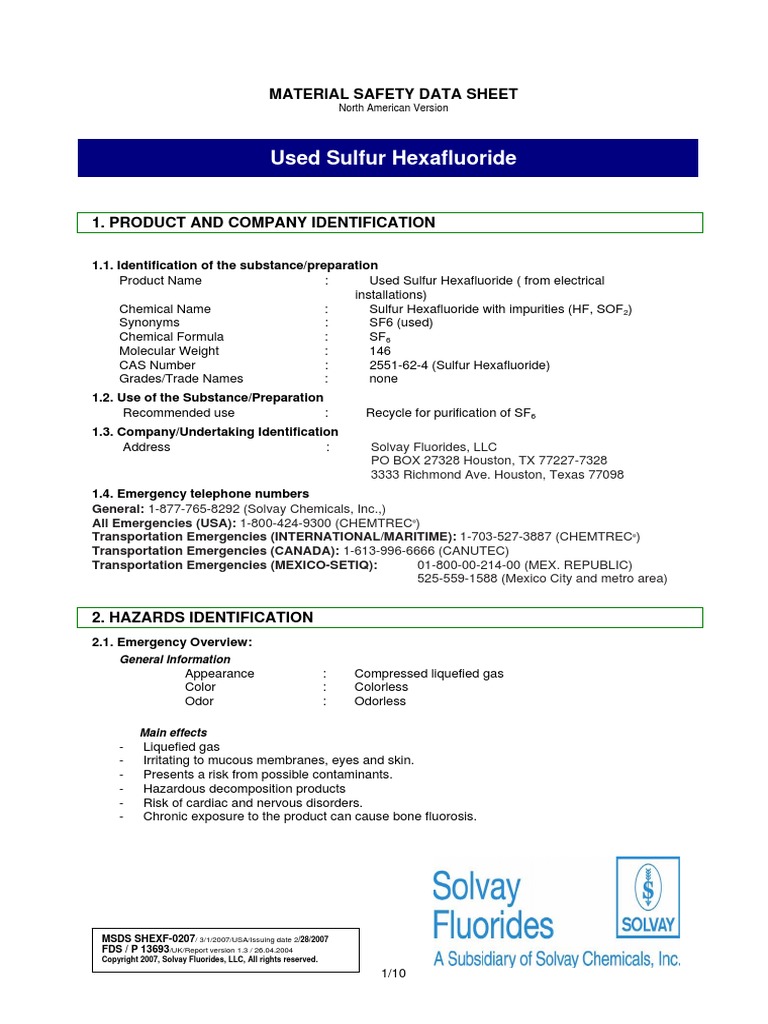 Solvay Used Sulfur Hexafluoride PDF Toxicity Dangerous Goods