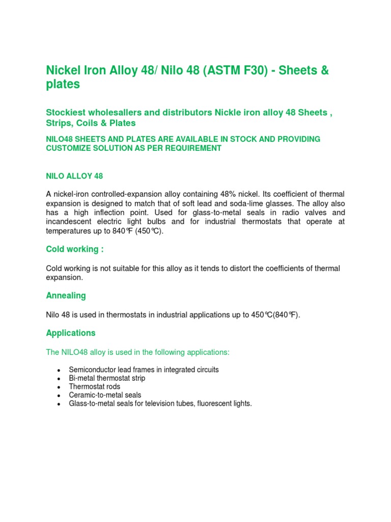 Nickel Iron Alloy 48/ Nilo 48 (ASTM F30) Sheets & Plates Suppliers in