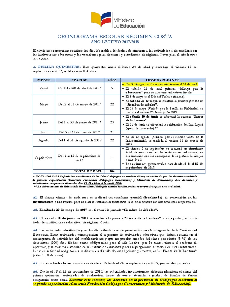 Cronograma Escolar Costa 2017 2018 Version Final Aprobado