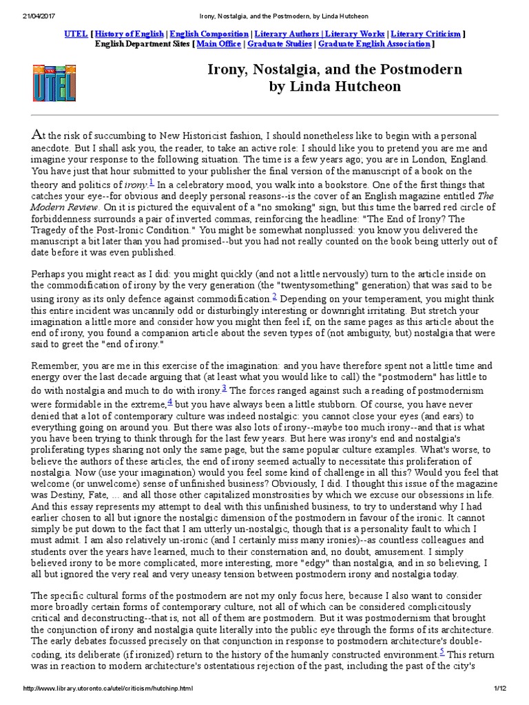 Irony, Nostalgia, and The Postmodern, by Linda Hutcheon PDF PDF Nostalgia Irony
