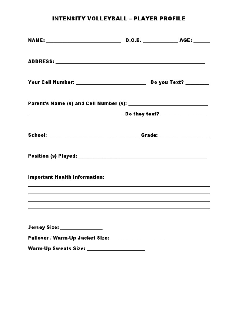 Volleyball Player Profile Form Pdf Sports Recreation