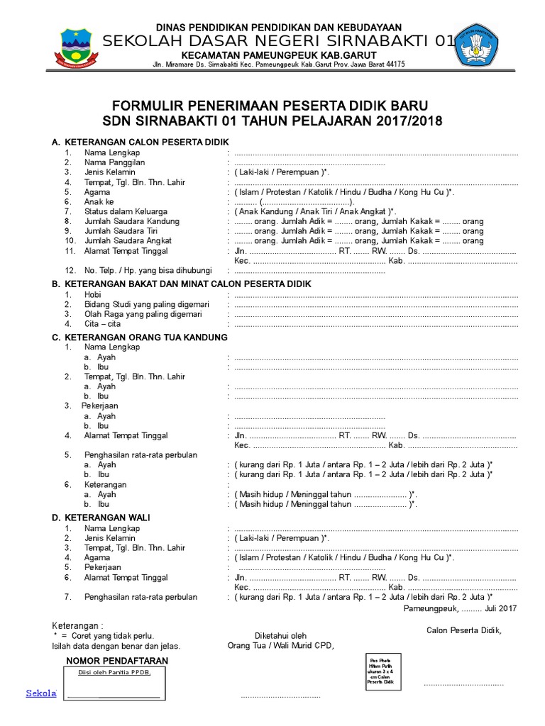 Contoh Formulir Penerimaan Siswa Baru Tahun 20172018 Format Words Pdf
