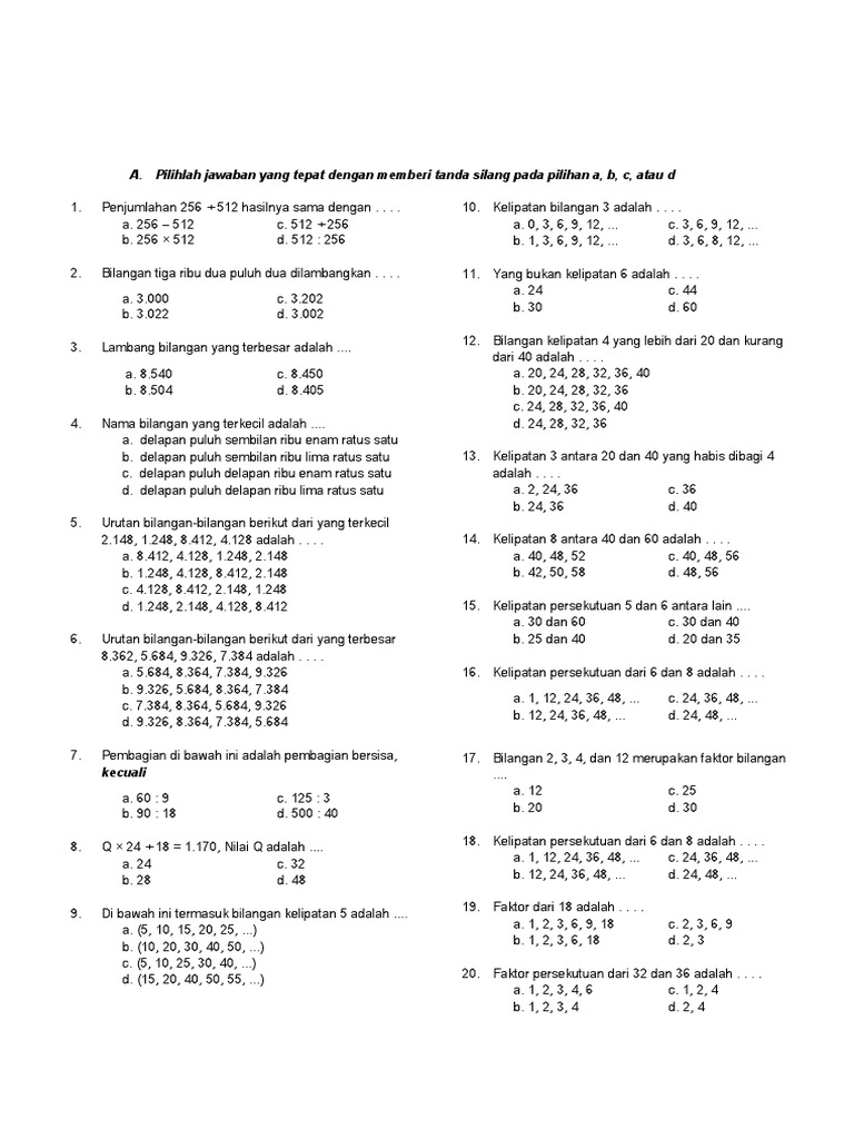Soal Mid Gasal Math Kelas 4 2017 2018