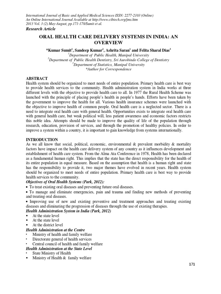 Oral Health Care Delivery Systems in India An Overview PDF