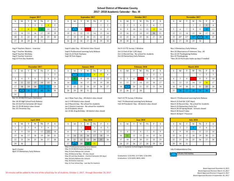 Revised Manatee County School Calendar PDF Public Holiday Festival