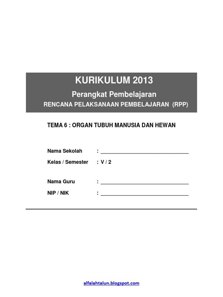 6 RPP SD KELAS 5 SEMESTER 2 Organ Tubuh Manusia Dan Hewandocx