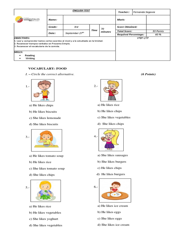 English Food Vocabulary Test for Kids | PDF | Food And Drink | Foods