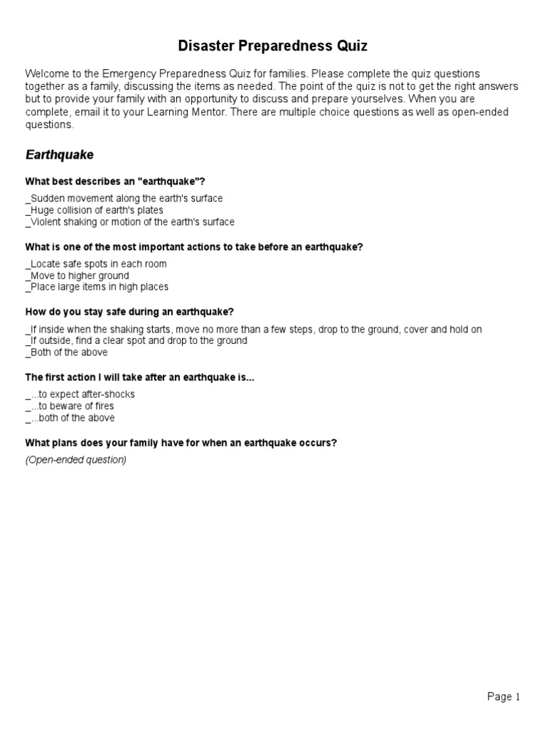 Emergency Preparedness Quiz PDF Volcano Flood