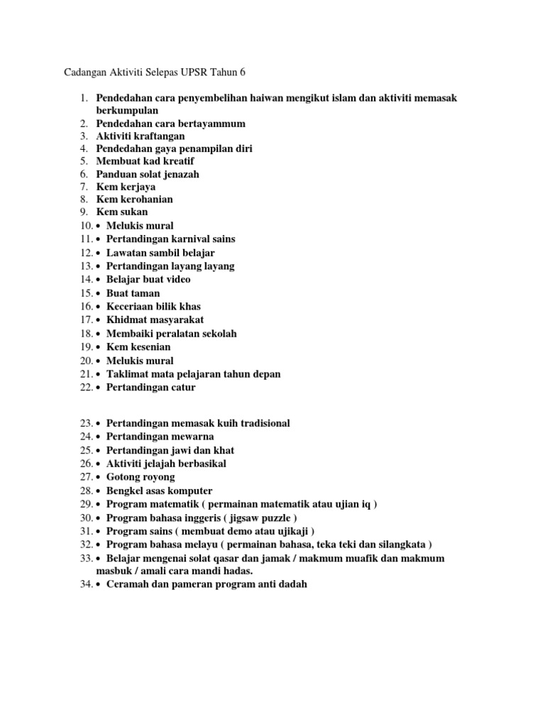 Cadangan Aktiviti Selepas Upsr Tahun 6 Pdf