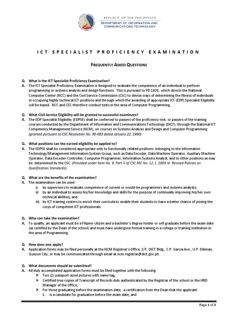 ICT Specialist Proficiency Exam Guide | PDF | Test (Assessment ...