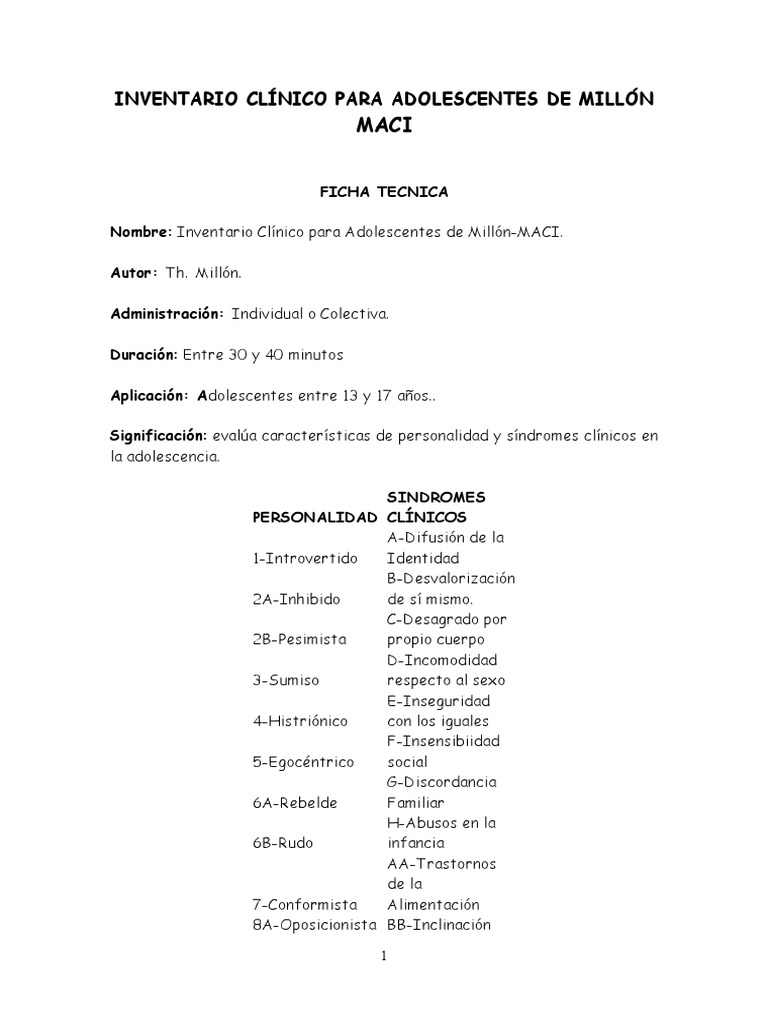Ficha Técnica del Test MACI para Adolescentes | PDF | Suicidio ...