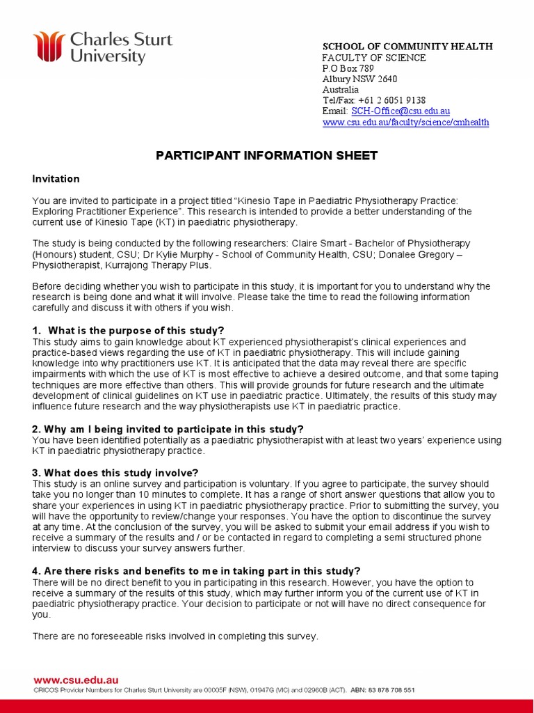 Participant Information Sheet PDF Physical Therapy Survey Methodology