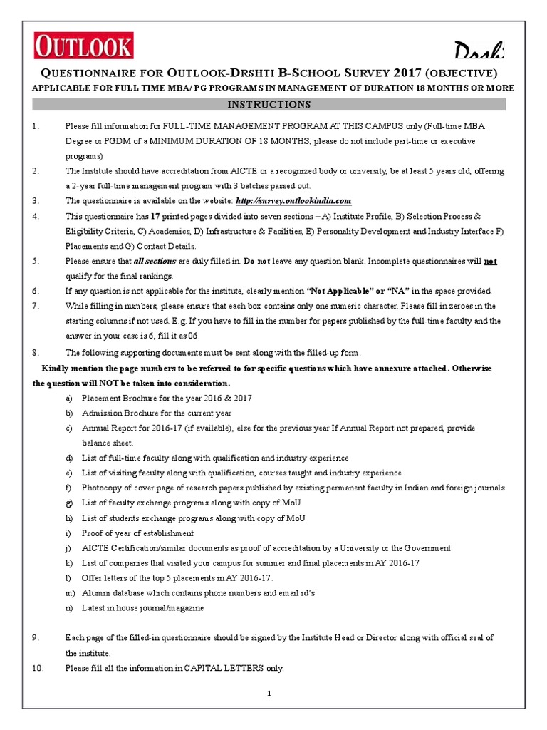Outlook - B School Questionnaire - 2 - Yr - Full Time - 2017 | PDF ...