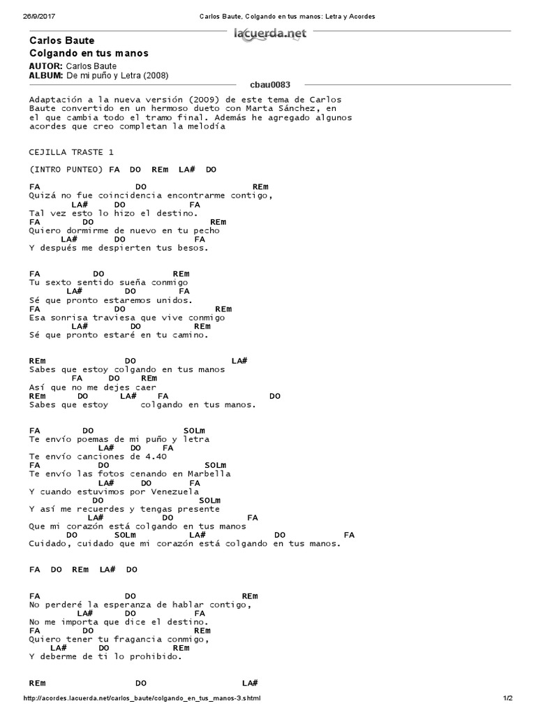 Carlos Baute Colgando En Tus Manos Letra Y Acordes Acorde Musica Musica Grabada