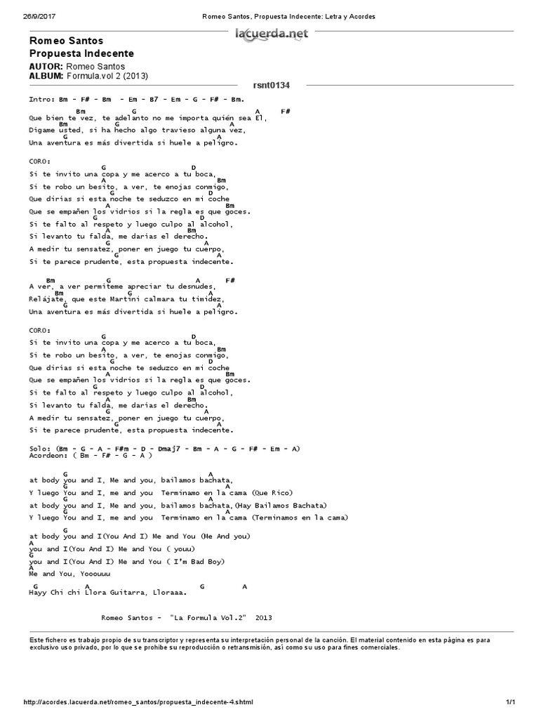 Romeo Santos Propuesta Indecente Letra Y Acordes Pdf Musica Grabada Ocio