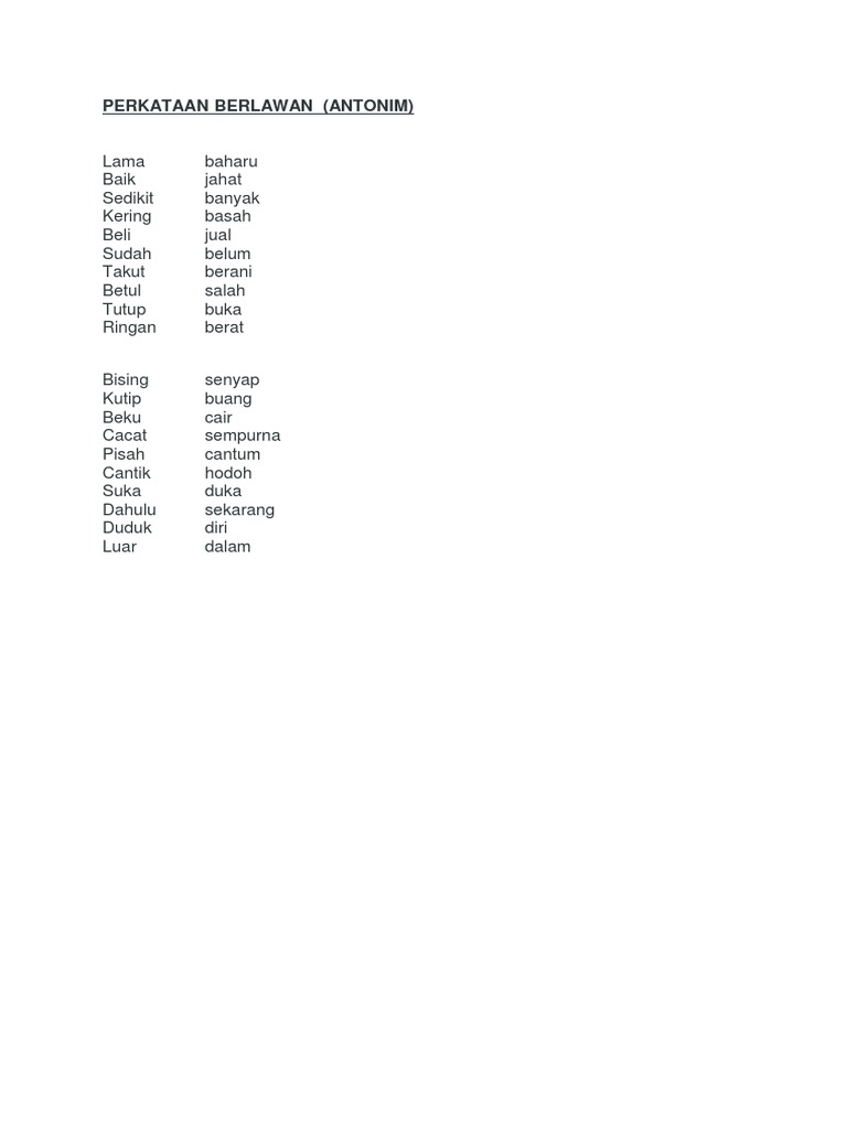 Perkataan Berlawan Pdf